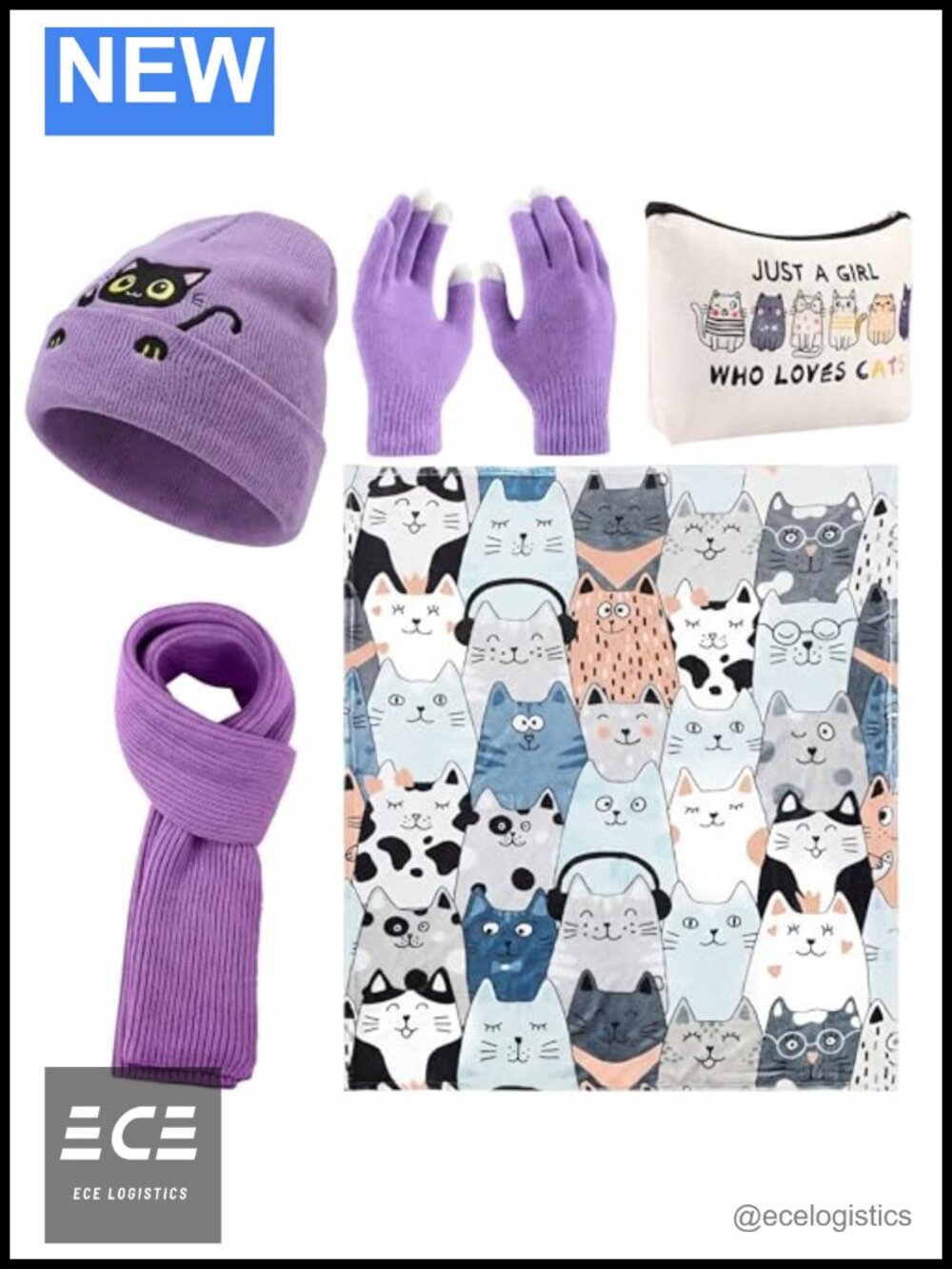 Knit Winter Set Hat Scarf Touchscreen Gloves Cat Blanket Cosmetic Bag